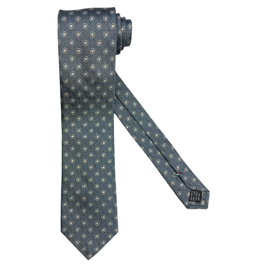 Light blue silk tie with blue flowers and red circles