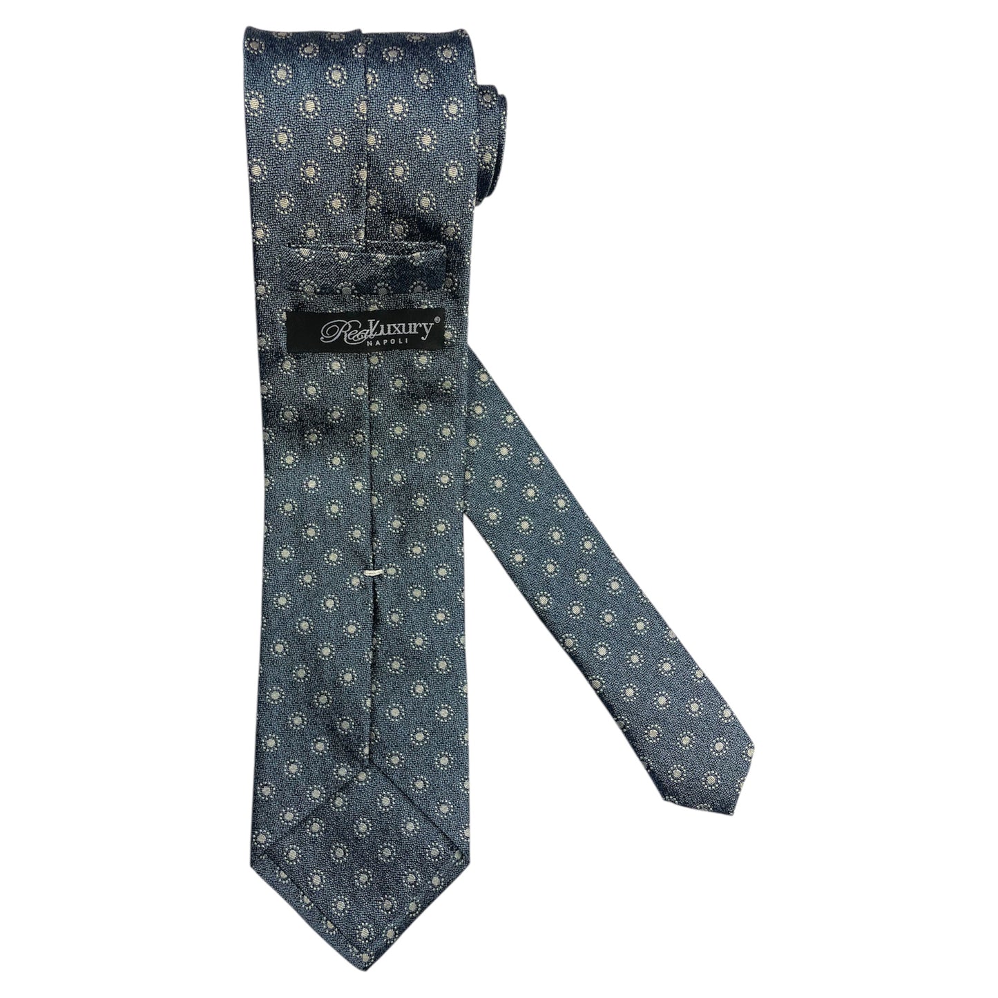 Light blue silk tie with blue flowers and red circles
