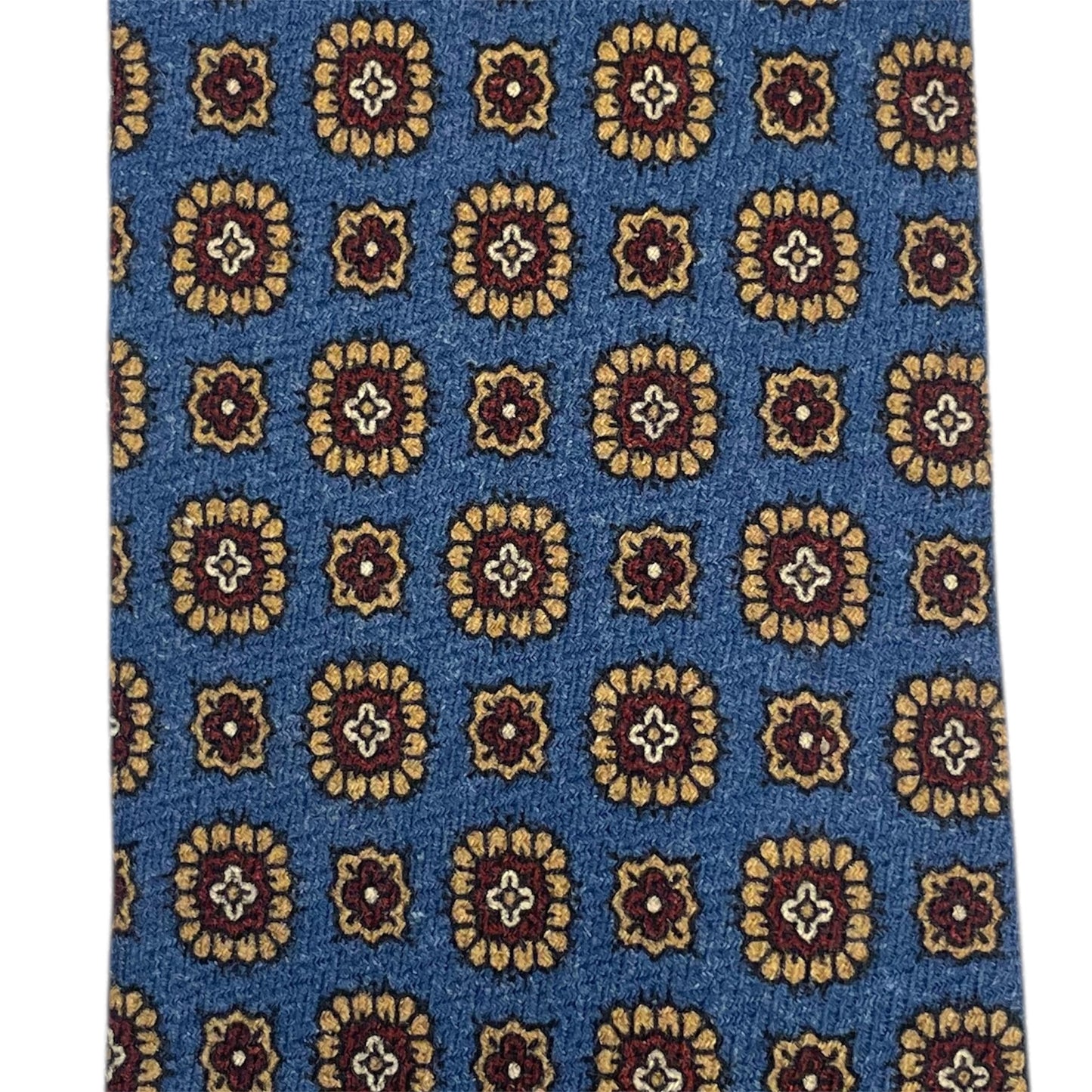 Light blue silk tie with blue flowers and red circles