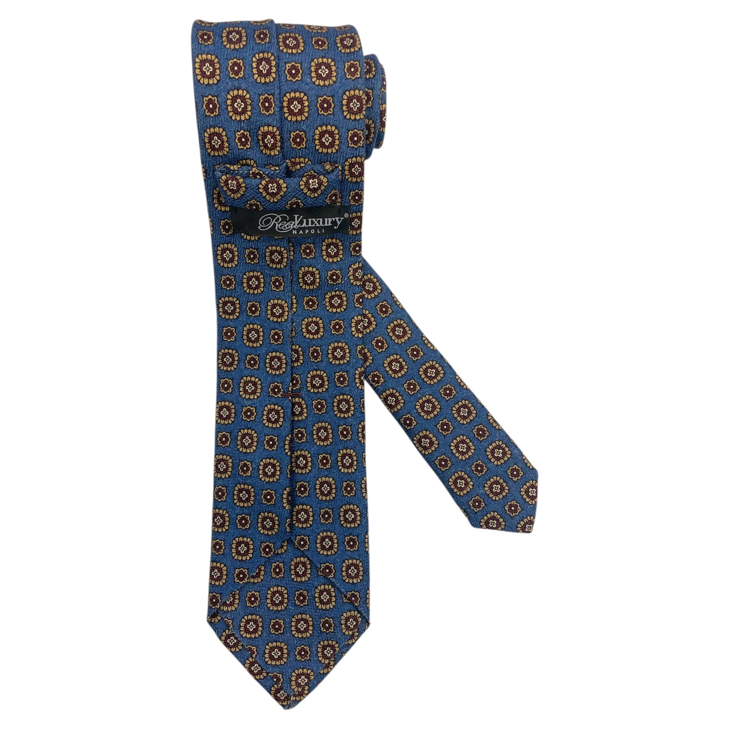 Light blue silk tie with blue flowers and red circles