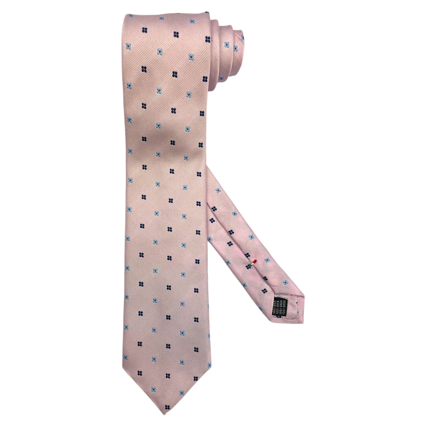 Light blue silk tie with blue flowers and red circles