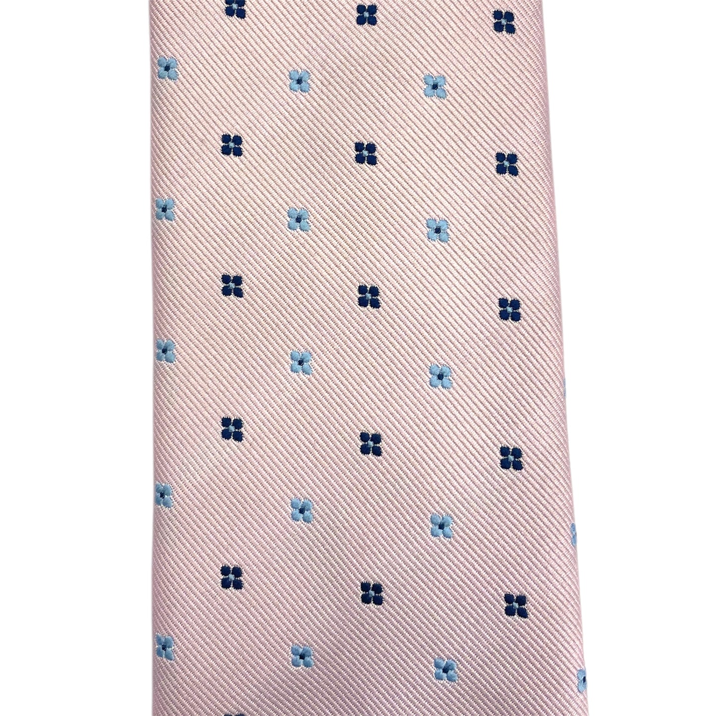 Light blue silk tie with blue flowers and red circles