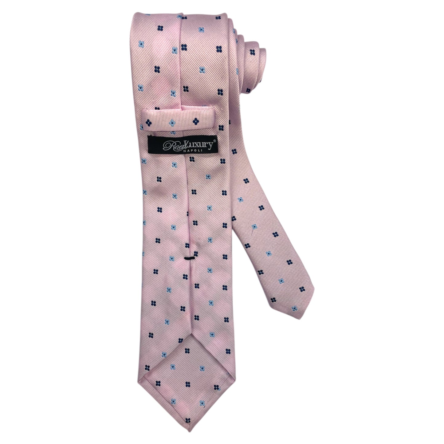 Light blue silk tie with blue flowers and red circles