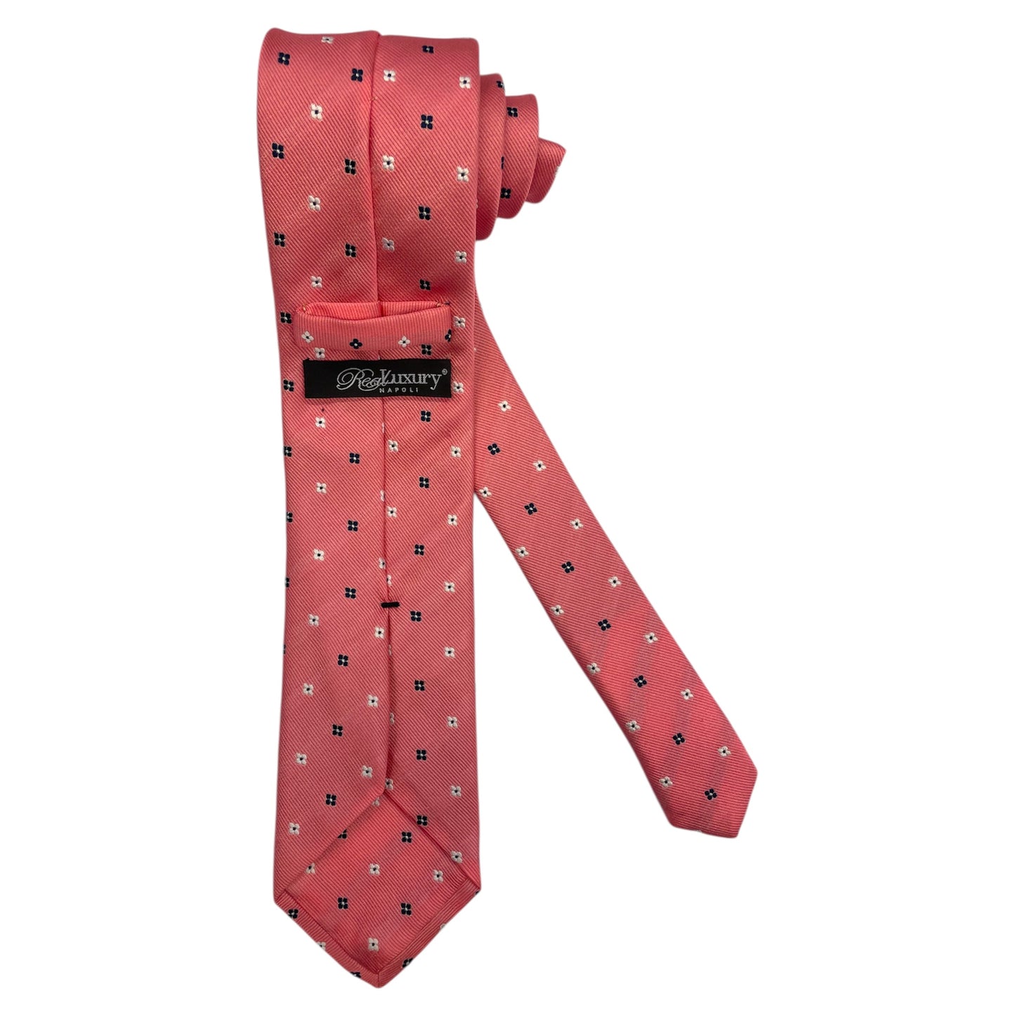 Light blue silk tie with blue flowers and red circles