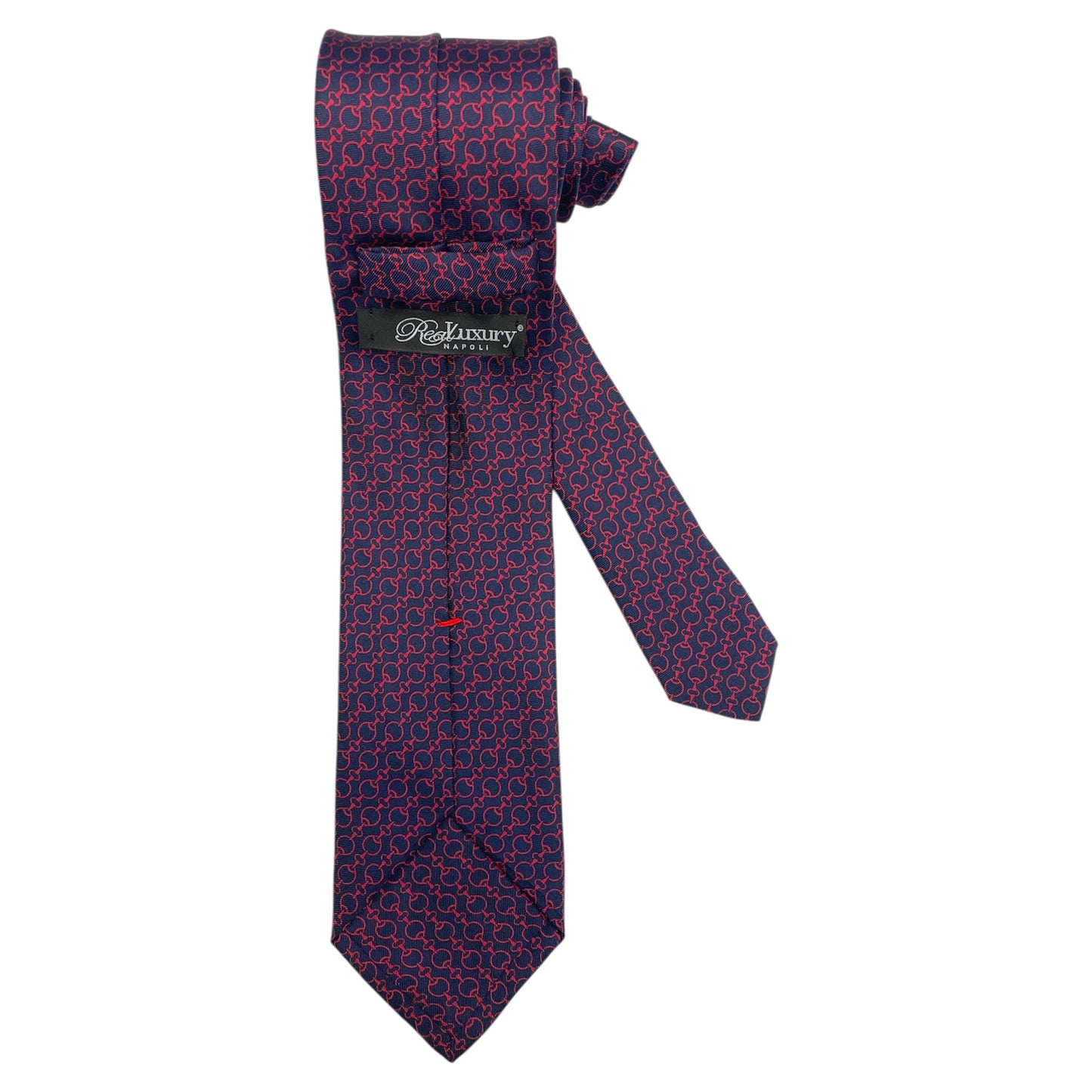 Cravatta Uomo Blu Navy con Fantasia a Catena Rossa – Elegante e Raffinata