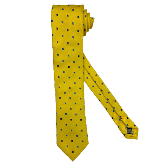 Light blue silk tie with blue flowers and red circles