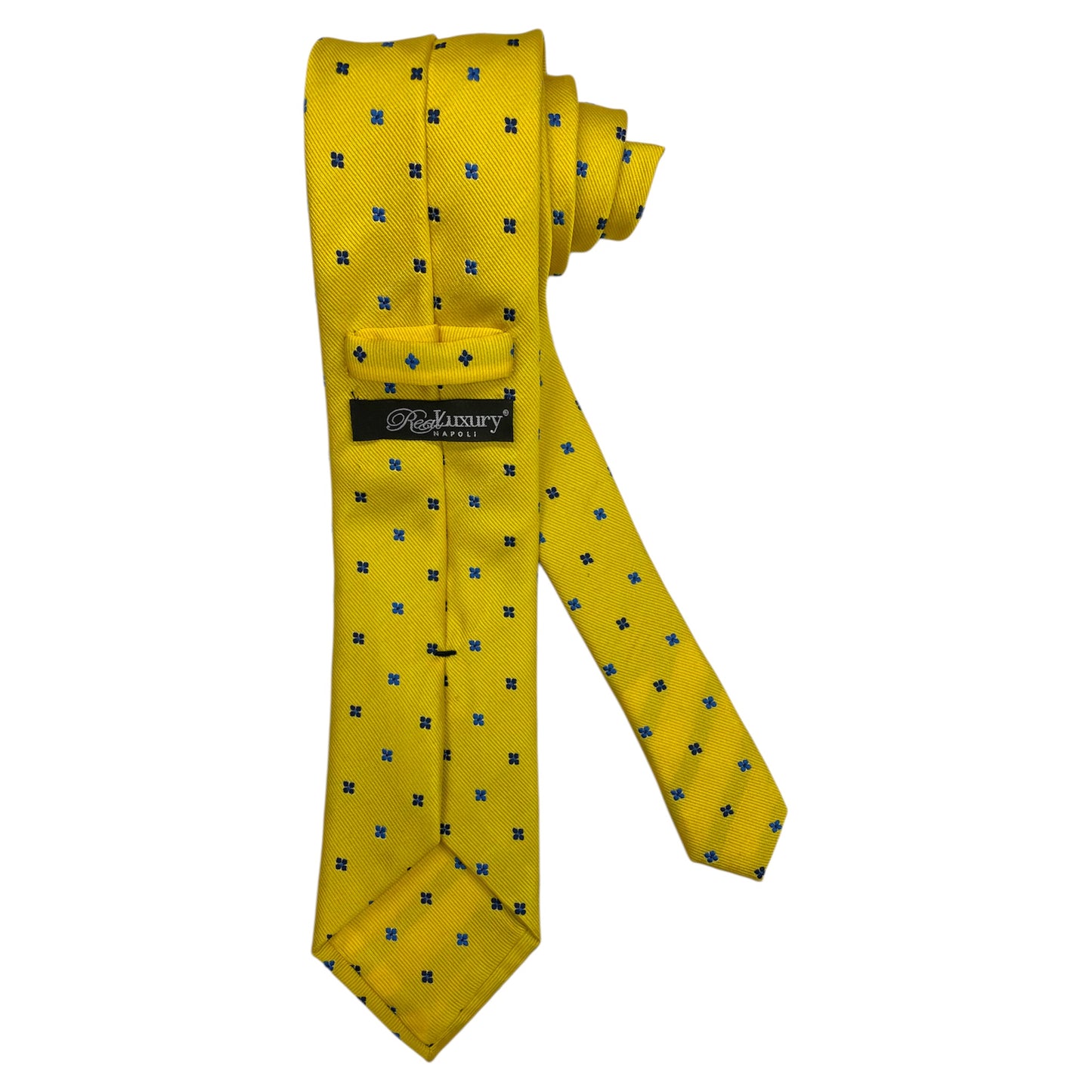 Light blue silk tie with blue flowers and red circles