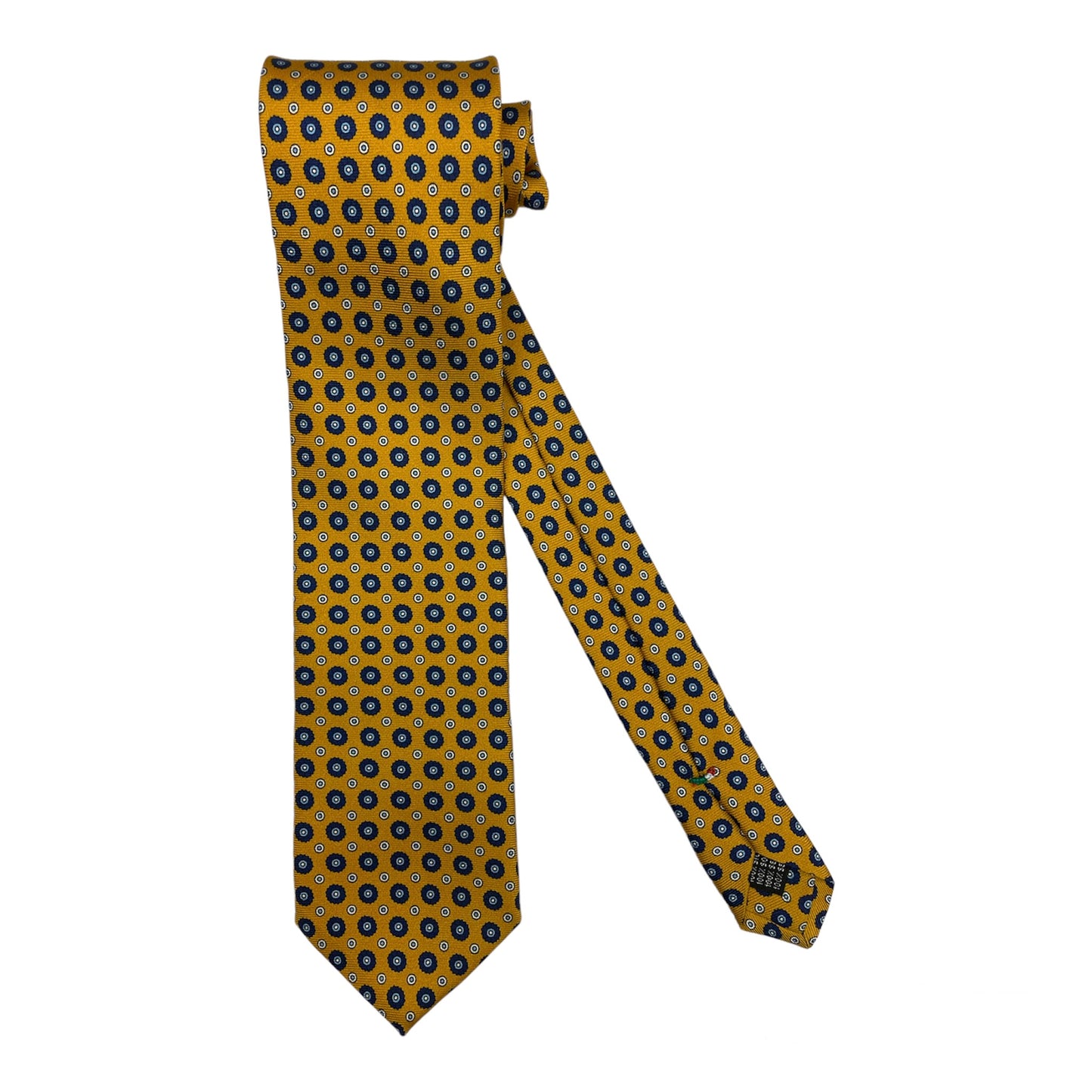 Cravatta seta gialla con fiori blu e cerchi