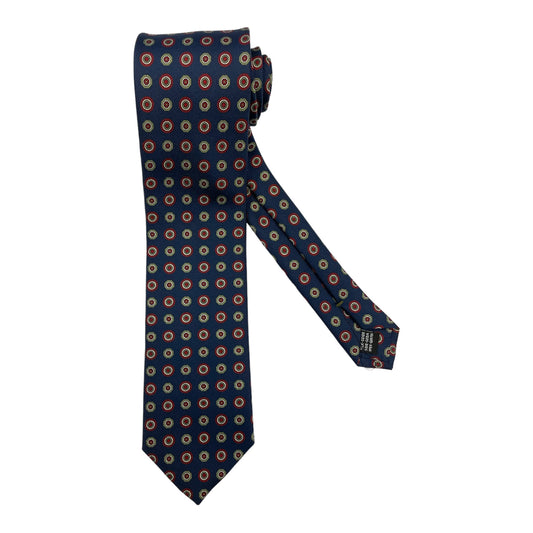 Light blue silk tie with blue flowers and red circles
