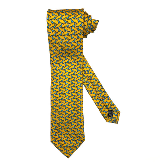 Cravatta seta gialla con pellicani celesti