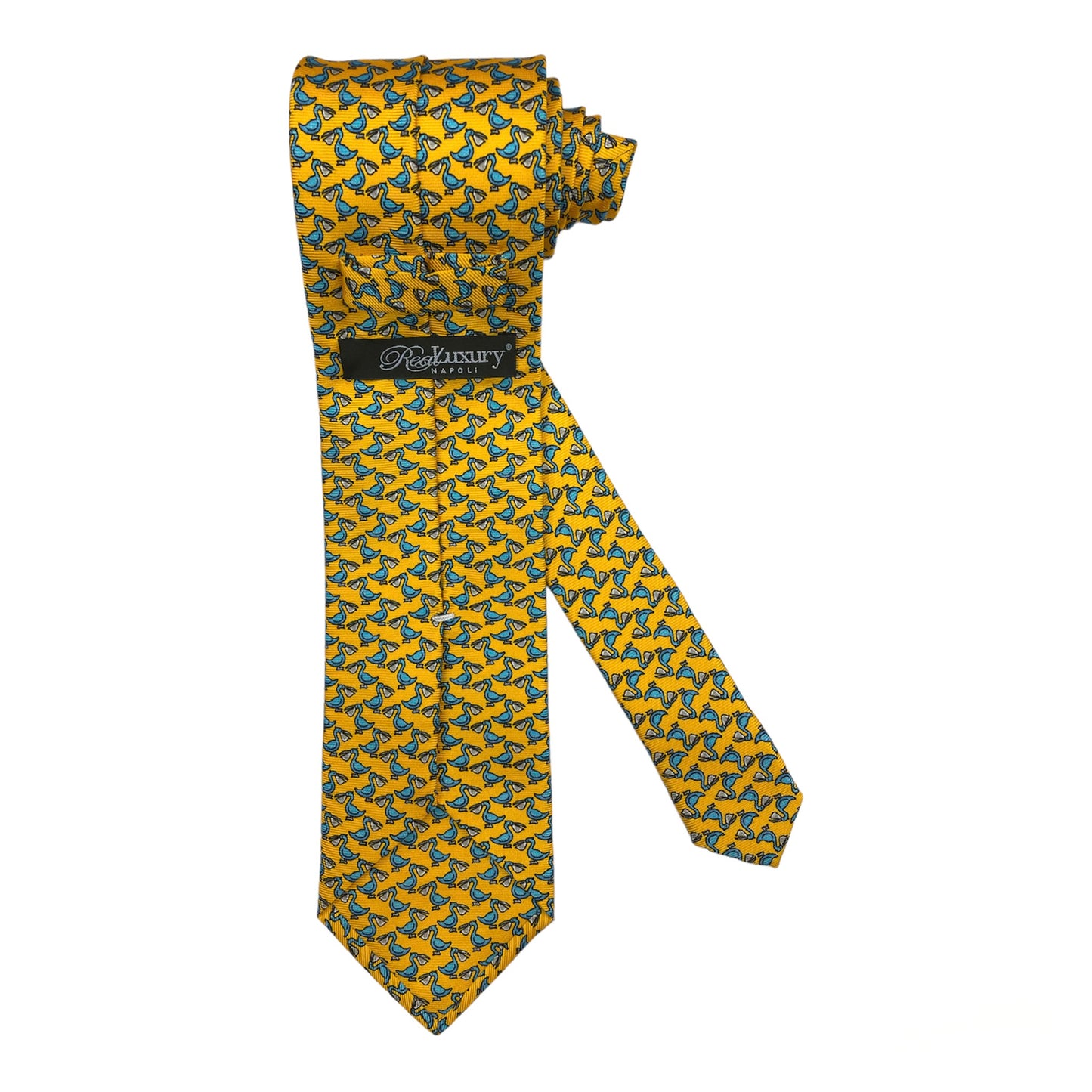 Cravatta seta gialla con pellicani celesti