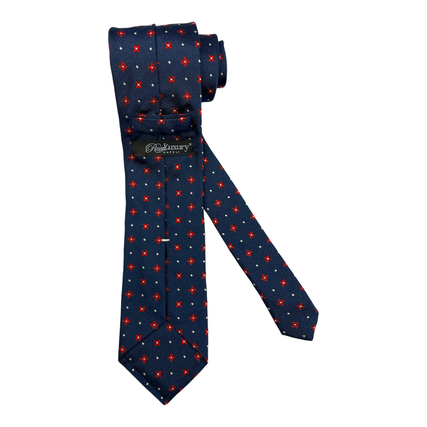 Blue silk tie with red flower and white dots