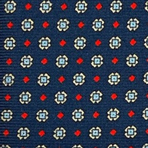 Blue silk tie with red stitches and blue flowers