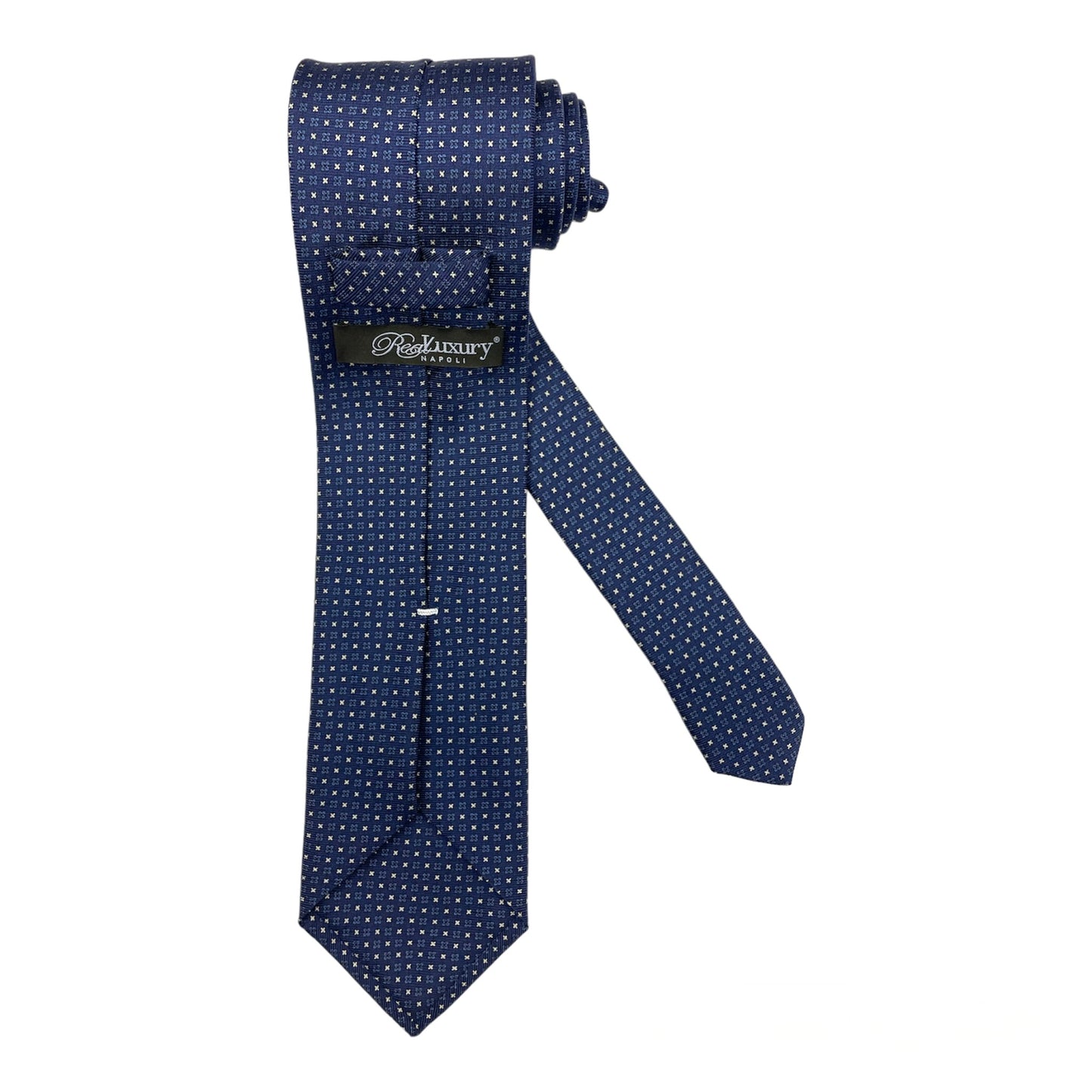 Blue silk tie with white crosses and blue flowers