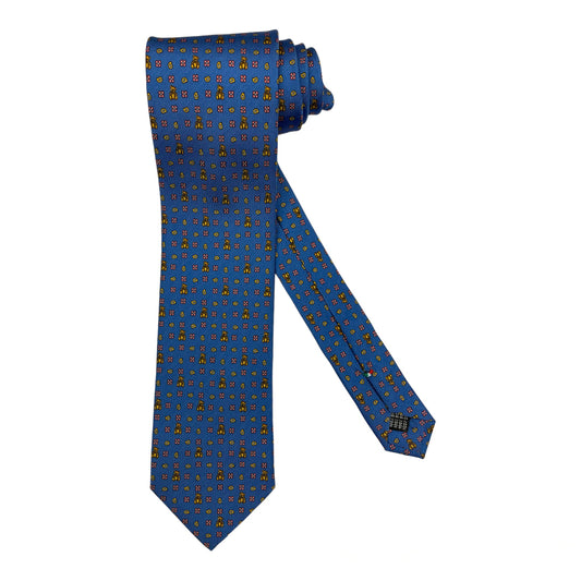 Bluette silk tie with pink flowers and gold teddy bear