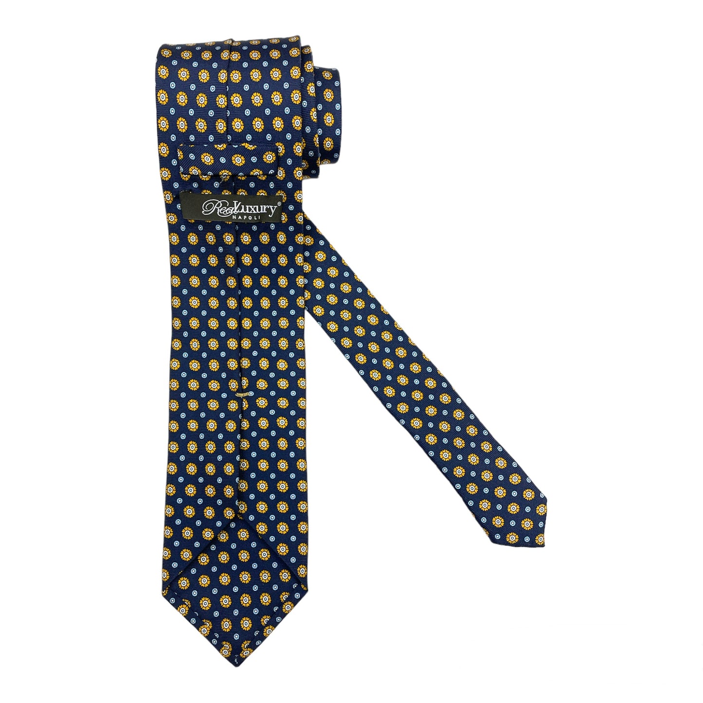 Blue silk tie with yellow flower and light blue circlet