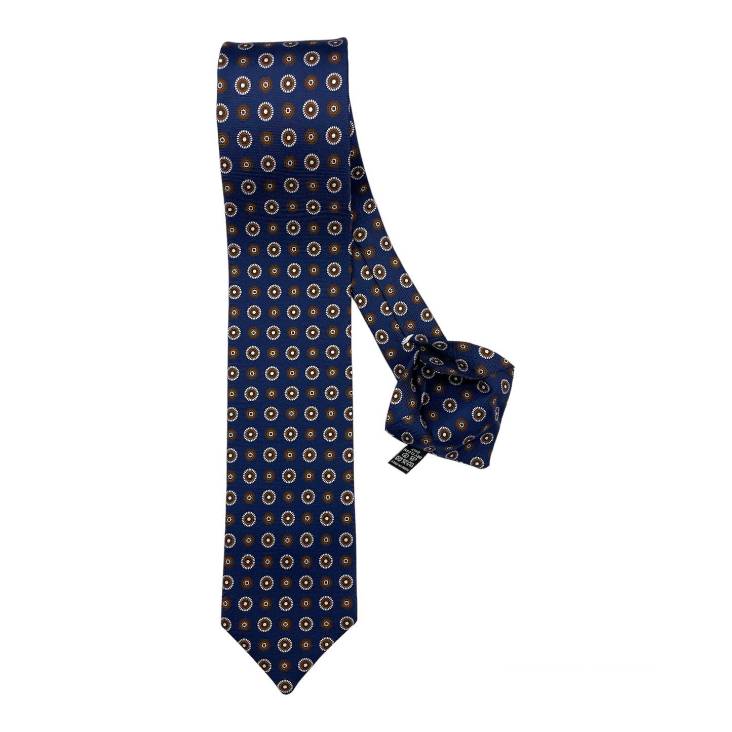 Blue silk tie with brown and white circle flowers