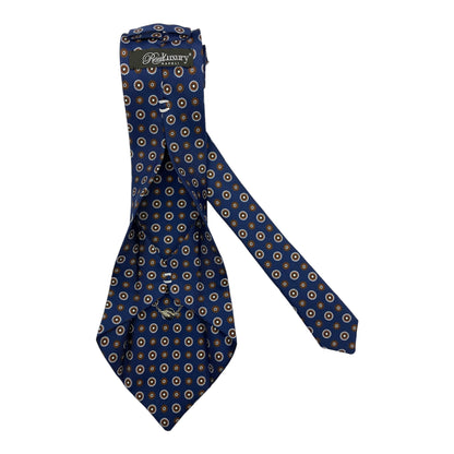 Blue silk tie with brown and white circle flowers