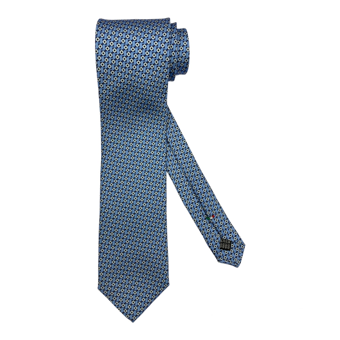 Cravatta seta celeste pois bianco contorni blu