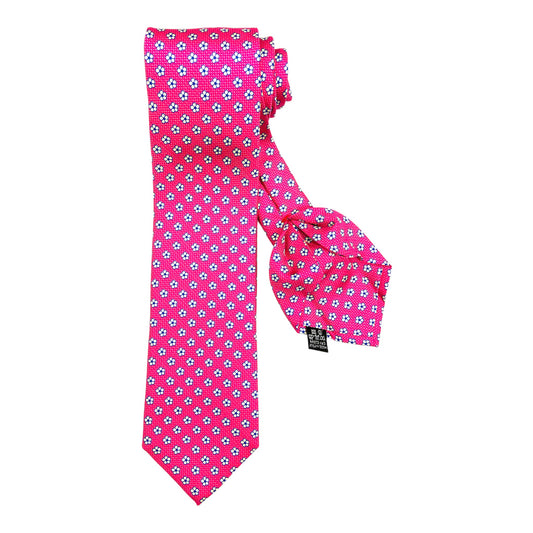 Fluorescent pink silk tie with white flowers